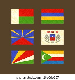 Flags of Madagascar, Reunion, Seychelles, Mauritius, Mayotte and Comoros. Flags with light grunge dirty effect.