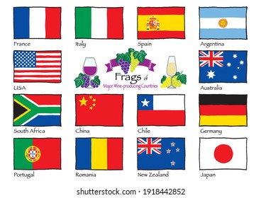 Flags of Major wine-producing countries. Flags are hand-drawn illustrations.