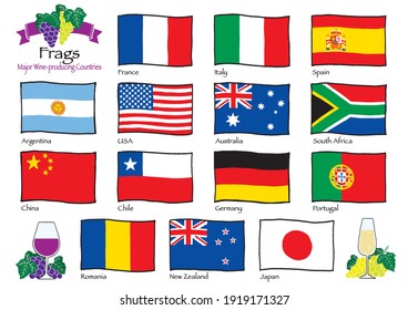 Flags of Major wine-producing countries. Flags are hand-drawn illustrations.