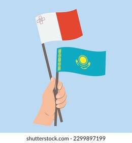 Banderas de Malta y Kazajistán, con banderas de mano