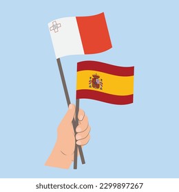 Flags of Malta and Spain, Hand Holding flags