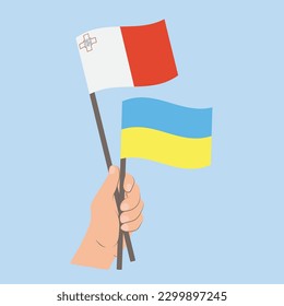 Flags of Malta and Ukraine, Hand Holding flags
