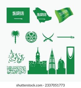 Banderas y mapas de Arabia Saudita Monograma oficial y edificios famosos y caligrafía árabe significa "Día Nacional Saudita"