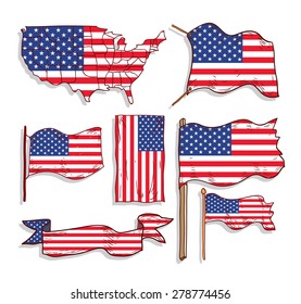  Flags and map of united states of america , icon collection, vector illustration