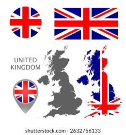Flags, maps and  map pointer of United Kingdom. High detail. Vector illustration