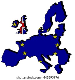 Flags and maps of the United Kingdom and the European Union which shows that Great Britain leaves from the EU as a result of the Brexit