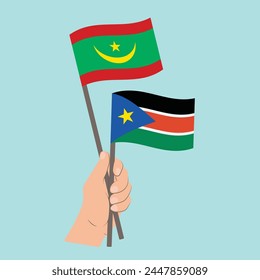 Flags of Mauritania and South Sudan, Hand Holding flags