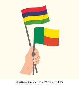Flags of Mauritius and Benin, Hand Holding flags