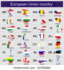 Flags of the member countries of the European Union overlaid on outline map 