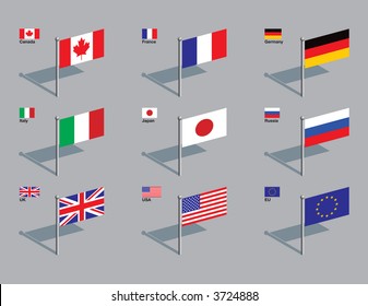 The flags of the members of the G8: Canada, France, Germany, Italy, Japan, Russia, UK, USA, plus the flag of the EU. Drawn in CMYK and placed on individual layers.