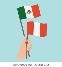Banderas de México y Perú, con banderas de mano