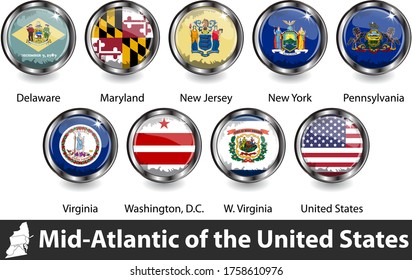 Flags Of Mid Atlantic Region In The United States. Vector Image