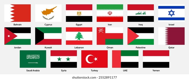 Banderas de países de Oriente Medio en Formas rectangulares (con una proporción de 3:2). Ilustración vectorial.