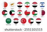 Flags of Middle East countries in round shapes, including Saudi Arabia, UAE, Qatar, Kuwait, Oman, Bahrain, Iraq, Iran, Jordan, Lebanon, Israel, Turkey, and others. Vector illustration.