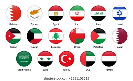 Flags of Middle East countries in round shapes, including Saudi Arabia, UAE, Qatar, Kuwait, Oman, Bahrain, Iraq, Iran, Jordan, Lebanon, Israel, Turkey, and others. Vector illustration.