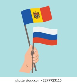 Flags of Moldova and Russia, Hand Holding flags