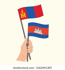 Banderas de Mongolia y Camboya, con banderas de mano