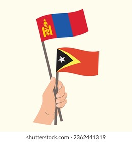 Flaggen der Mongolei und Ost-Timors, handgeführte Flaggen