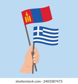 Flags of Mongolia and Greece, Hand Holding flags