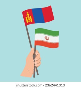 Banderas de Mongolia e Irán, con banderas de mano