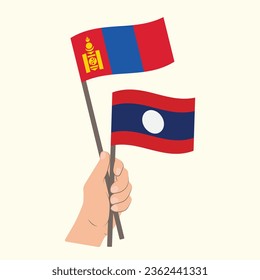 Flaggen der Mongolei und Laos, handgeführte Flaggen