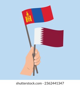 Flaggen der Mongolei und Katars, handgeführte Flaggen