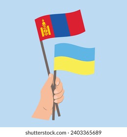 Banderas de Mongolia y Ucrania, con banderas de mano