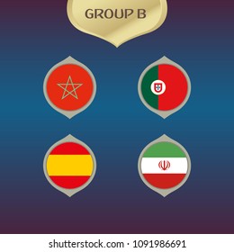 Flags of Morocco, Portugal, Spain and Iran, group b teams, football competition 2018