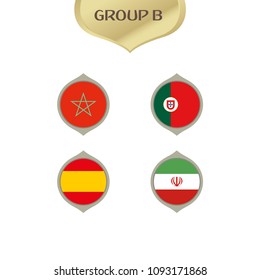 Flags of Morocco, Portugal, Spain and Iran, group b teams, football competition 2018