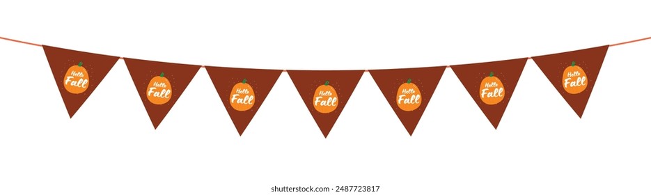 Flags with motifs of pumpkins, mushrooms, acorns, and, maple leaves for autumn decoration on transparent background. Flag decoration for thanksgiving day.