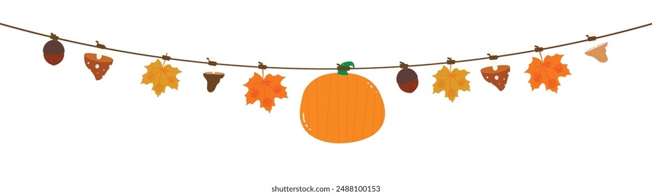 Flags with motifs of pumpkins, mushrooms, acorns, and, maple leaves for autumn decoration on transparent background. Flag decoration for thanksgiving day.