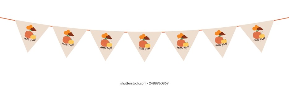 Flags with motifs of pumpkins, mushrooms, acorns, and, maple leaves for autumn decoration on transparent background. Flag decoration for thanksgiving day.