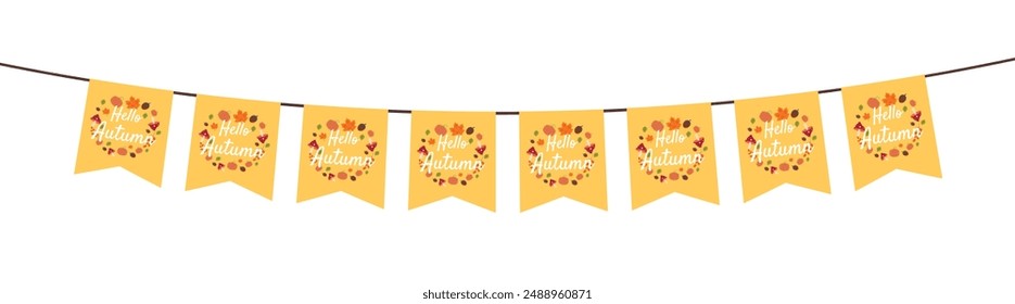Flags with motifs of pumpkins, mushrooms, acorns, and, maple leaves for autumn decoration on transparent background. Flag decoration for thanksgiving day.
