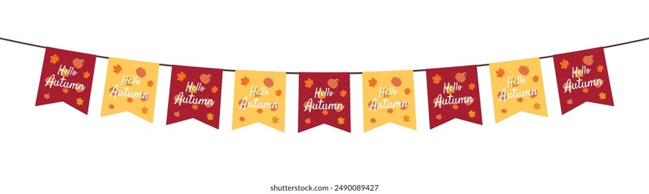 Flags with motifs of pumpkins, mushrooms, acorns, and, maple leaves for autumn decoration on transparent background. Flag decoration for thanksgiving day.