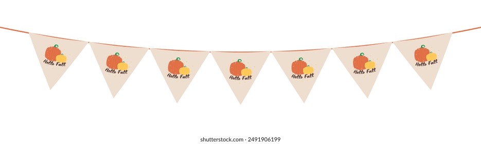 Flags with motifs of pumpkins, mushrooms, acorns, and, maple leaves for autumn decoration on transparent background. Flag decoration for thanksgiving day.
