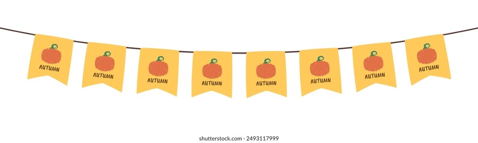 Flags with motifs of pumpkins, mushrooms, acorns, and, maple leaves for autumn decoration on transparent background. Flag decoration for thanksgiving day.