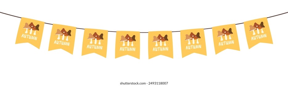 Flags with motifs of pumpkins, mushrooms, acorns, and, maple leaves for autumn decoration on transparent background. Flag decoration for thanksgiving day.