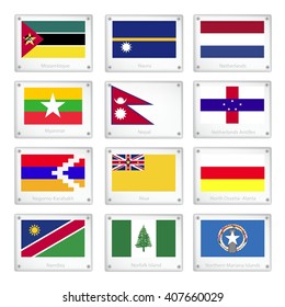Flags of Mozambique, Nauru, Netherlands, Myanmar, Nepal, Netherlands Antilles, Nagorno Karabakh, Niue, North Ossetia Alania, Namibia, Norfolk Island and Northern Mariana Islands.