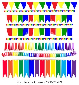 Flags.Set of multicolored flat buntings garlands flags and  brushes of the flags isolated on white background.Rainbow colors buntings and flags. Holiday set.