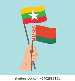 Flags of Myanmar and Belarus, Hand Holding flags