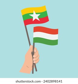 Flags of Myanmar and Hungary, Hand Holding flags