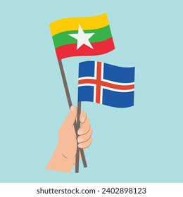 Flags of Myanmar and Iceland, Hand Holding flags