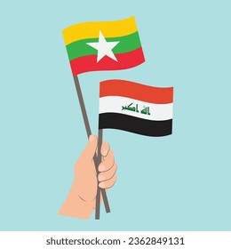 Flags of Myanmar and Iraq, Hand Holding flags
