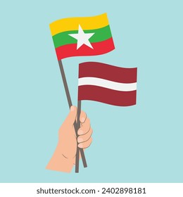Flags of Myanmar and Latvia, Hand Holding flags