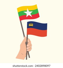 Flags of Myanmar and Liechtenstein, Hand Holding flags