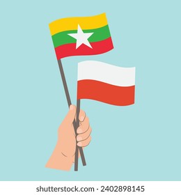 Flags of Myanmar and Poland, Hand Holding flags