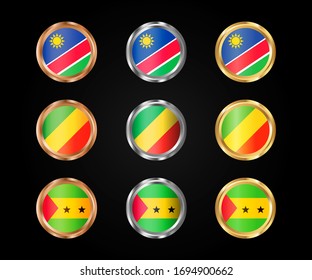 Flags of Namibia, Congo, Sao Tome and Principe in round frame with gold, silver and bronze gradient.