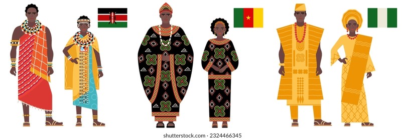 flags and national costumes of African countries isolated on a white background. girl and young man in traditional clothes of Kenya, Cameroon and Nigeria. flat drawing. vector illustration. EPS 10.