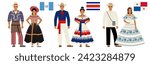 flags and national costumes of Central American countries. couples of young people in the national, traditional clothes of Guatemala, Costa Rica, Panama, isolated on a white background. flat drawing