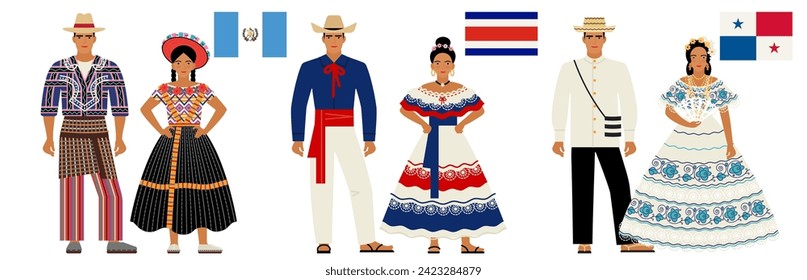 flags and national costumes of Central American countries. couples of young people in the national, traditional clothes of Guatemala, Costa Rica, Panama, isolated on a white background. flat drawing